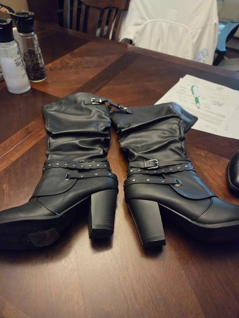 Women's Black Faux Leather Mid-Calf Heeled Boots
